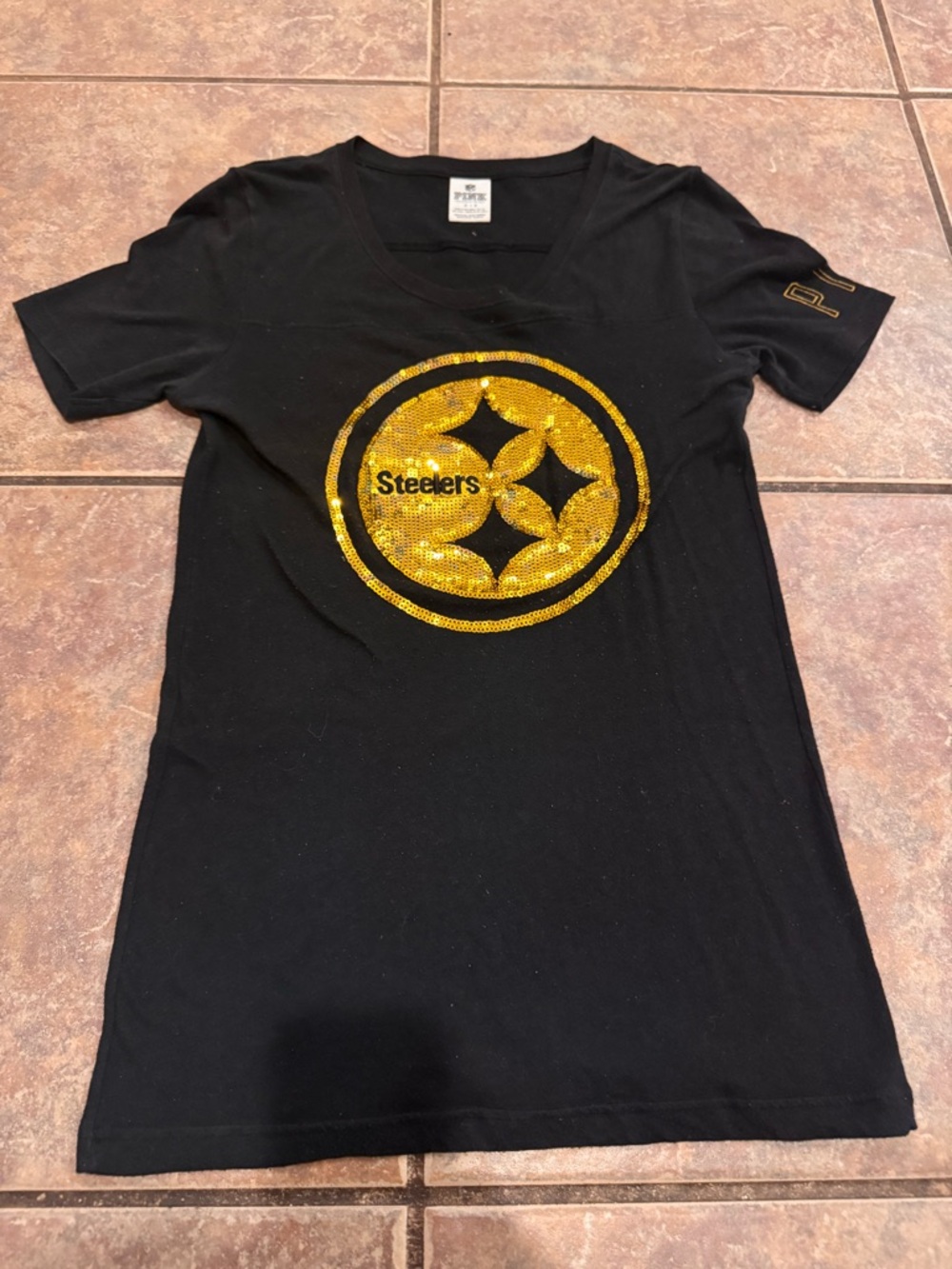 2013 Victoria's Secret Black Tee with Gold Sequin Steelers Logo